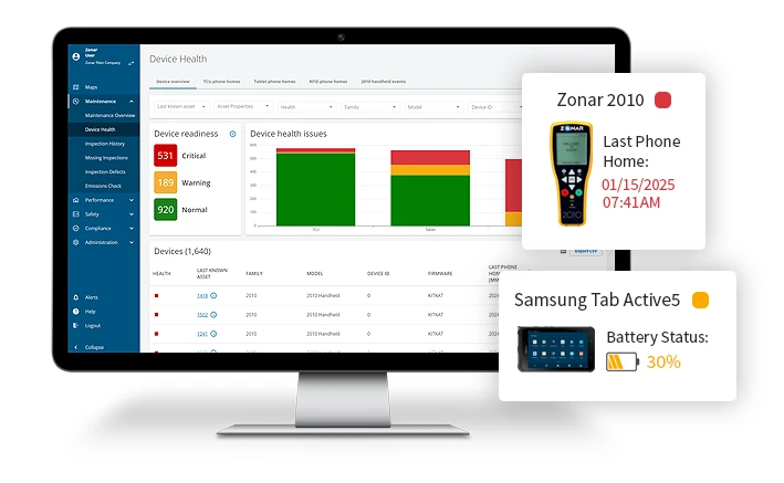 Zonar Ground Traffic Control device health report.